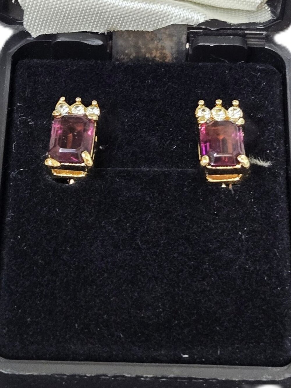 Gold Toned Faux Amethyst Clip-on Earrings with 3 Faux Diamonds